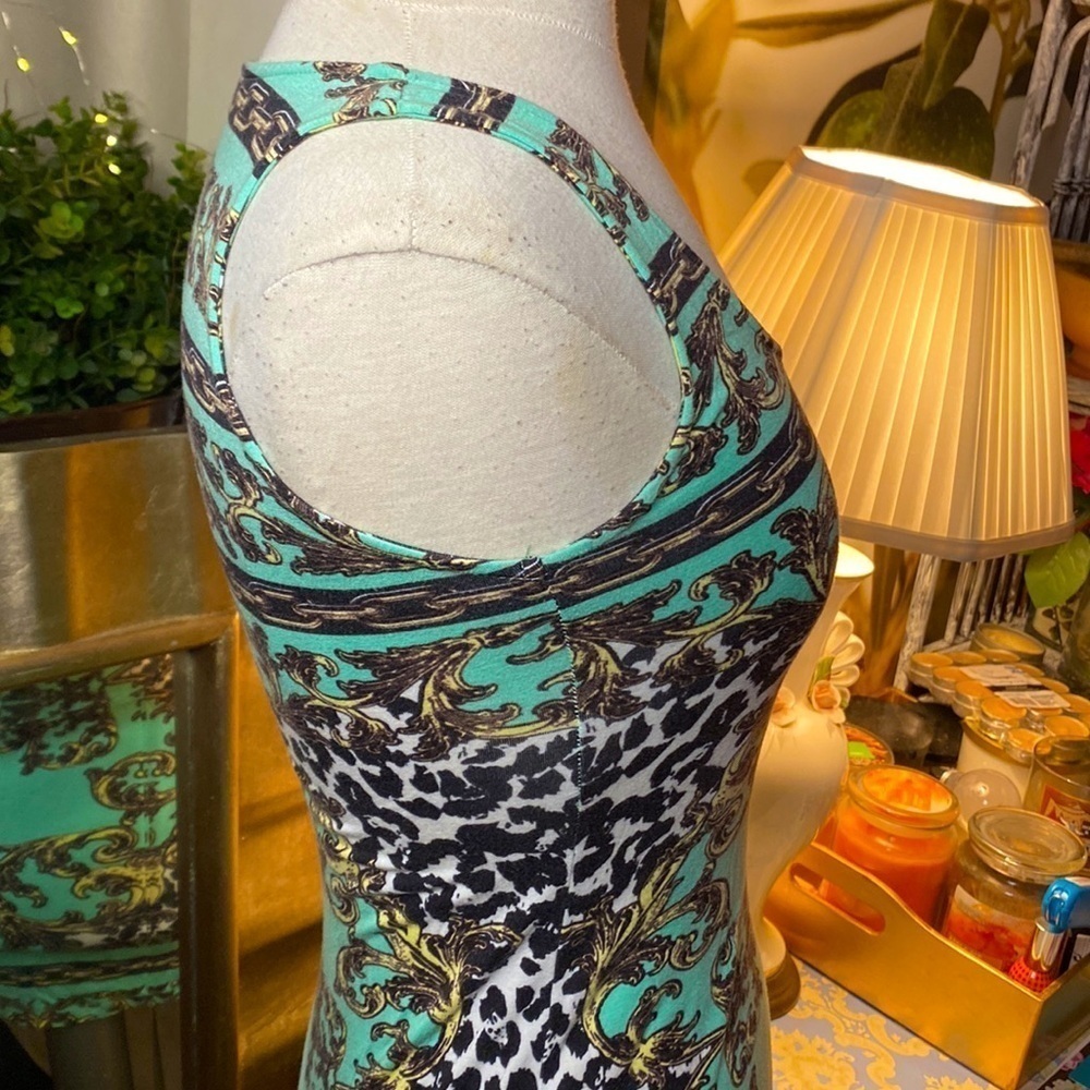 ๐ท Buffalo David Bitton ๐ท Y2K Sleeveless Green Gold Chain Geometric Pattern Dress - Picture 9 of 15